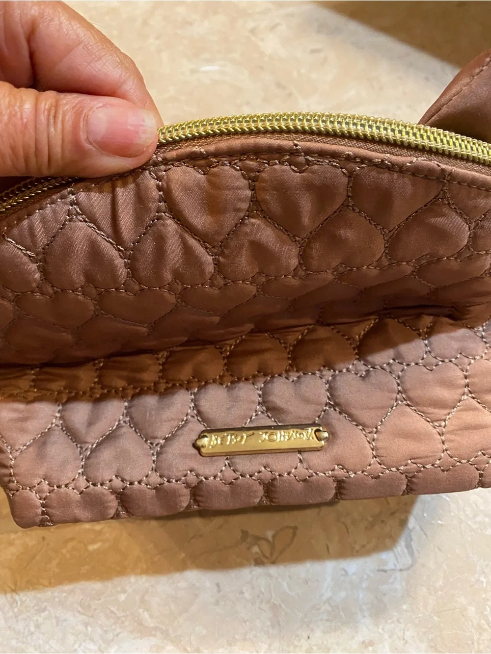 Betsey Johnson Brown and Pink Owl Makeup Bag with Yellow Beak